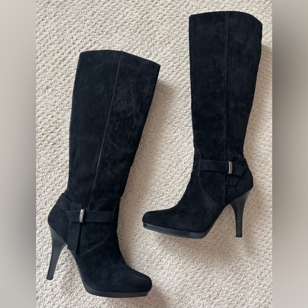 Black Faux Suede Heeled Boots